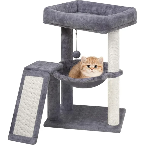 Cat Tree Tower with Scratching Posts Board Hammock and Toy Balls for Indoor Cats Grey
